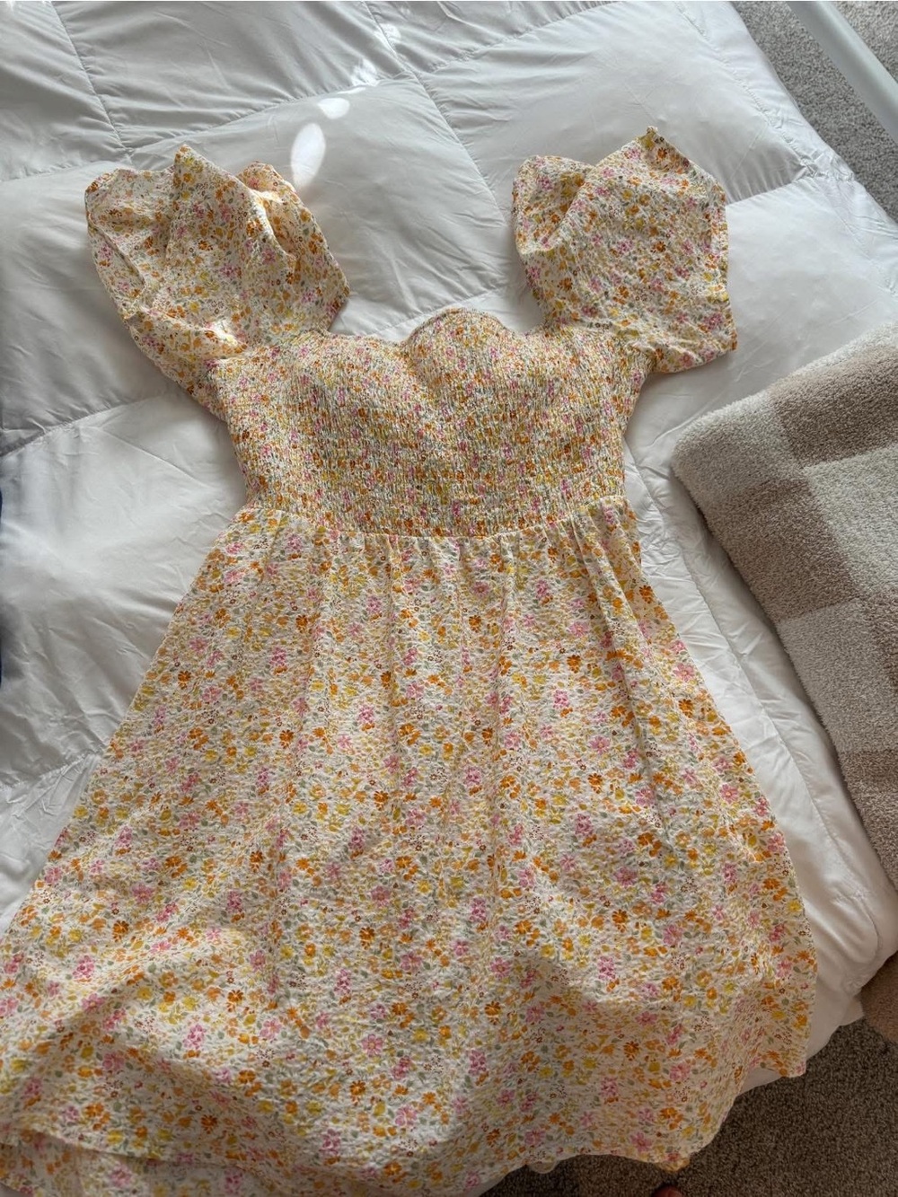 Princess Polly Cream Floral Puff-Sleeve Sundress with Pink & Yellow Blooms